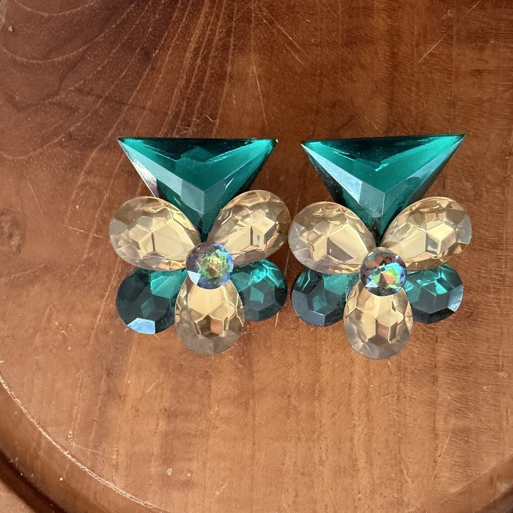 Vintage Emerald Green Amber Crystal Floral Clip On Earrings Statement Jewelry